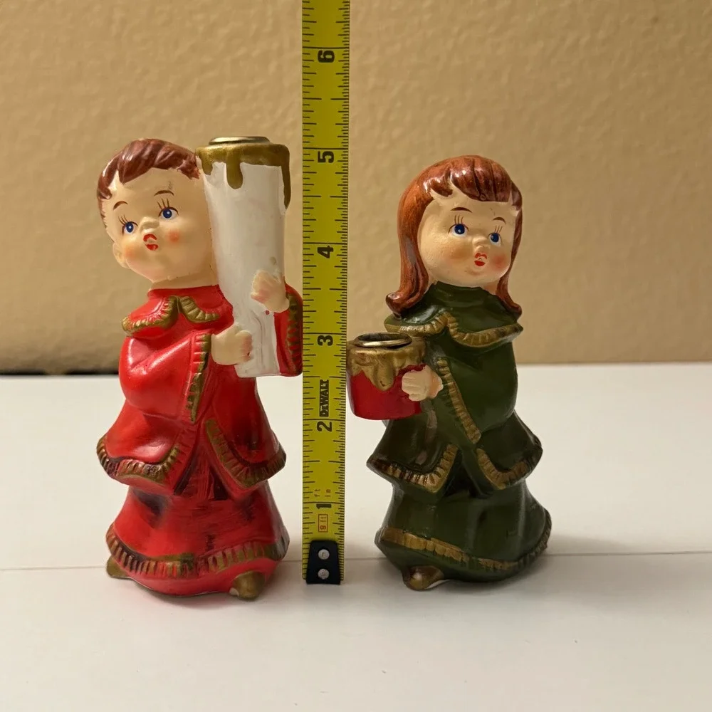 Vintage Star Japan Christmas Choir Boy Girl Candle Holders  Hand Painted 1950's